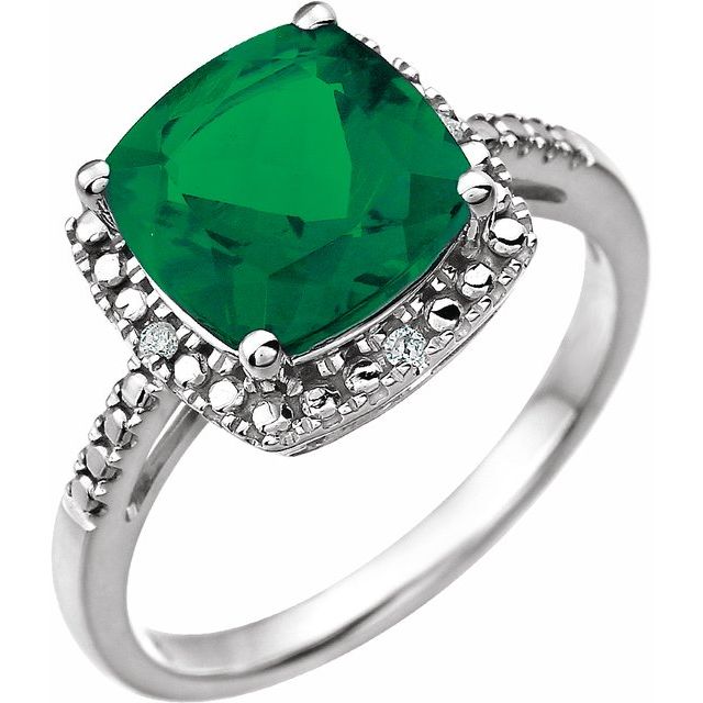 Cushion Lab-Grown Emerald & .03 CTW Natural Diamond Ring