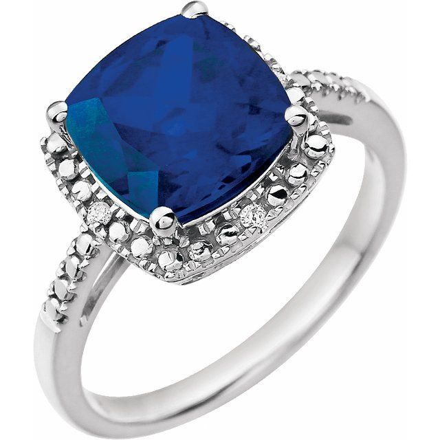Cushion Lab-Grown Blue Sapphire & .03 CTW Natural Diamond Ring