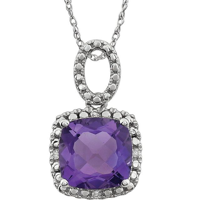 Cushion Natural Amethyst & .03 CTW Natural Diamond Necklace