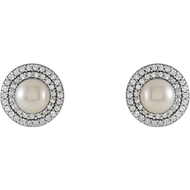 Cultured White Freshwater Pearl  & 1/5 CTW Natural Diamond Earrings