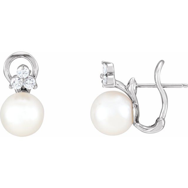Cultured White Freshwater Pearl & 3/8 CTW Natural Diamond Earrings