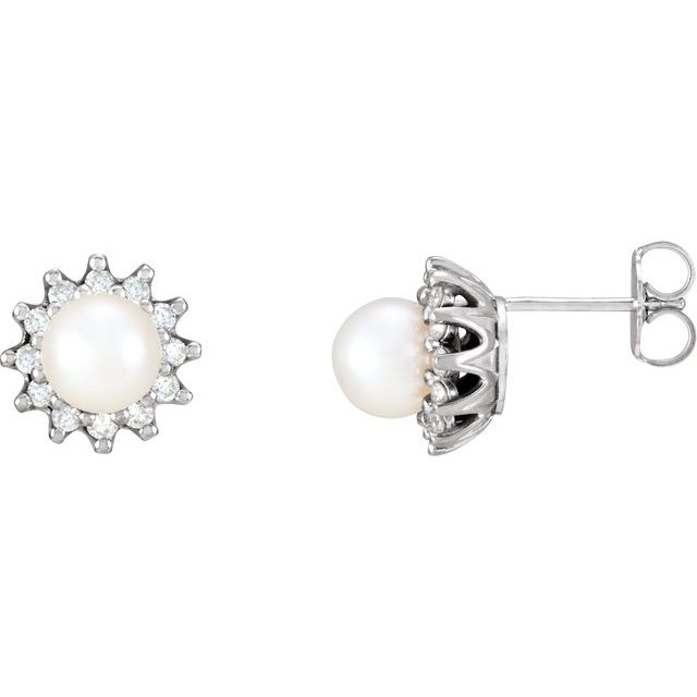 Cultured White Akoya Pearl  & 1/3 CTW Natural Diamond Earrings
