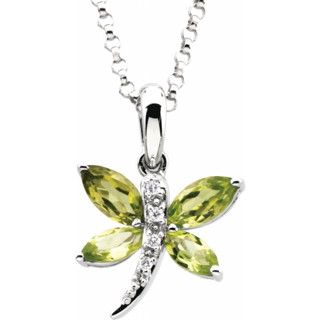 Natural Peridot & .02 CT Natural Diamond Dragonfly Necklace