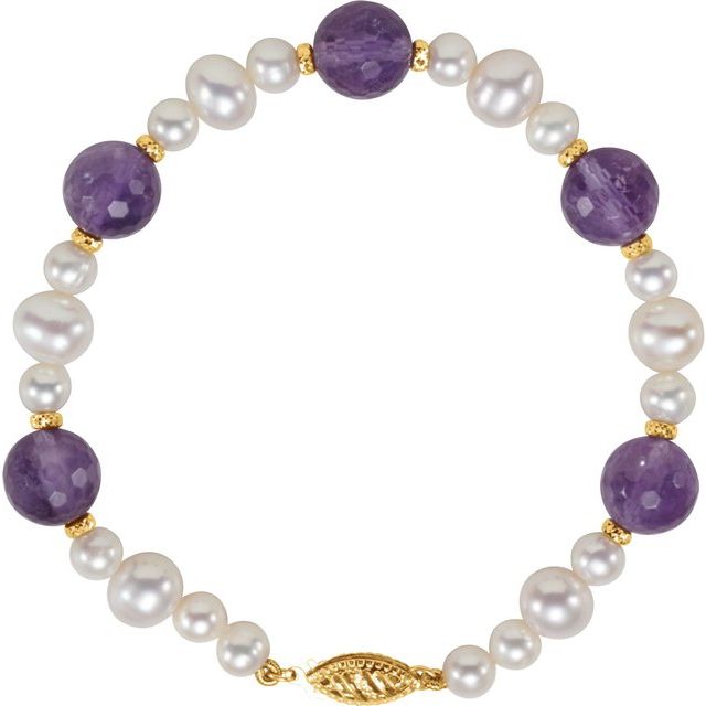 Natural Amethyst & Cultured White Freshwater Pearl 7 1/2" Bracelet