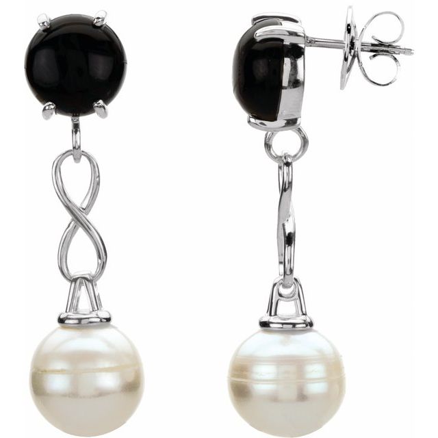 Cultured White Freshwater Pearl & Natural Black Onyx Earrings