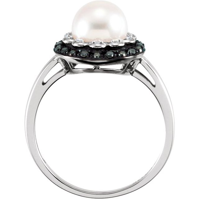 Cultured White Freshwater Pearl & 1/6 CTW Natural Black & White Diamond Ring