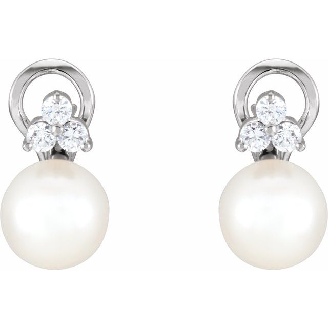 Cultured White Freshwater Pearl & 3/8 CTW Natural Diamond Earrings