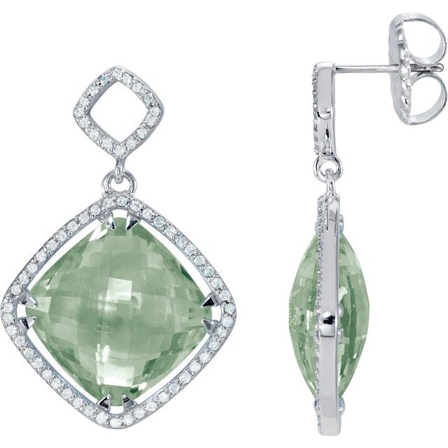 Cushion Natural Green Quartz & 5/8 CTW Natural Diamond Earrings