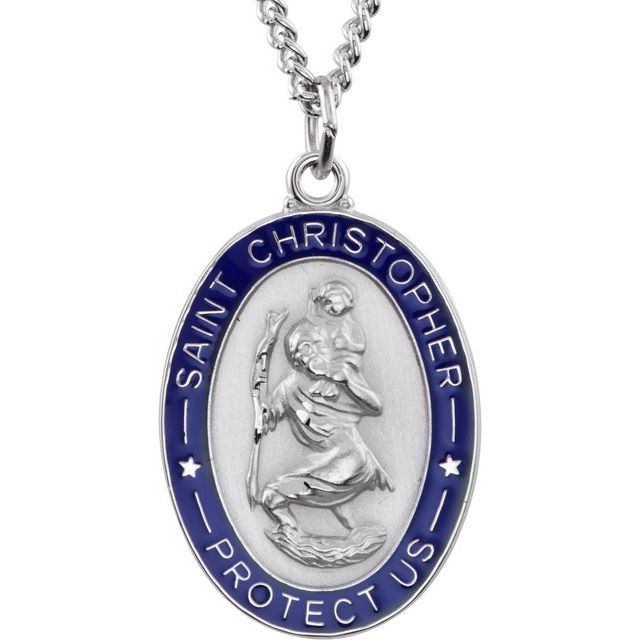 26x20mm Blue Enamel St. Christopher Medal Necklace