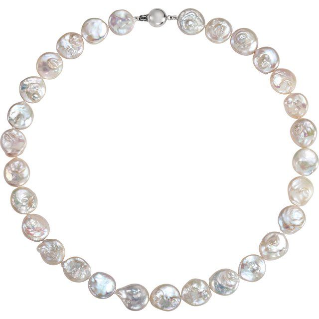 13-14mm Cultured White Freshwater Pearl Coin  Necklace