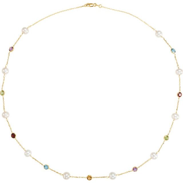 Cultured White Freshwater Pearl & Multi-Gemstone 10-Station Necklace