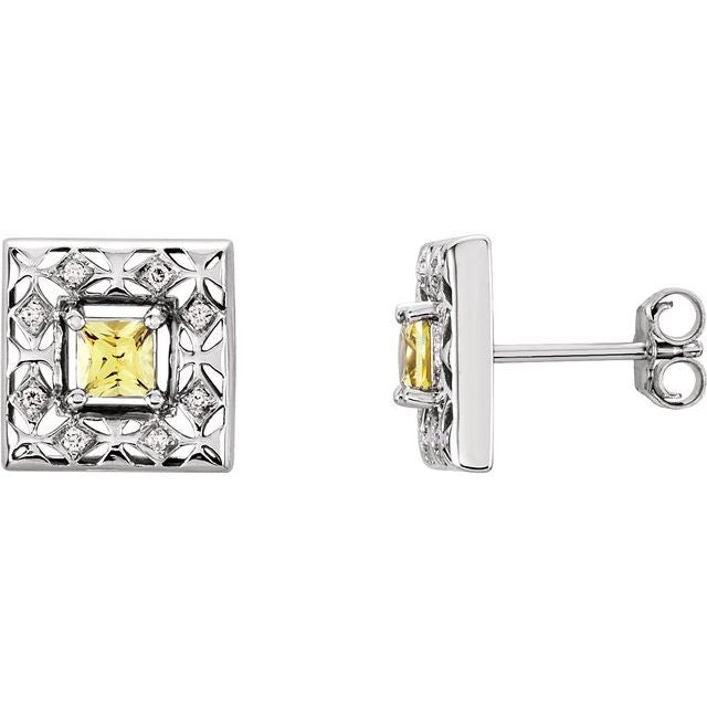 Square Natural Canary Yellow Sapphire & .08 CTW Natural Diamond Earrings
