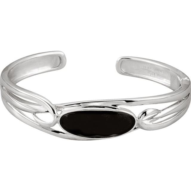 Round Natural Black Onyx Hinged Cuff 6 1/2" Bracelet