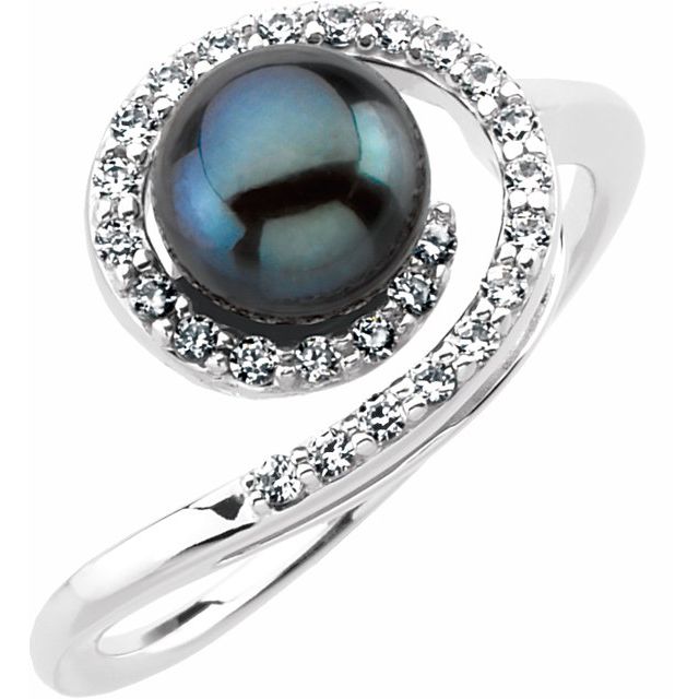 Cultured Black Akoya Pearl & 1/4 CTW Natural Diamond Ring