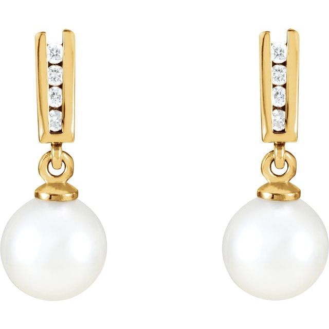 Cultured White Akoya Pearl & 1/8 CTW Diamond Earrings