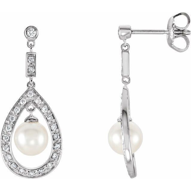 Cultured White Freshwater Pearl & 1/4 CTW Natural Diamond Earrings