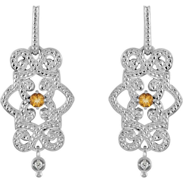 Round Natural Citrine & .03 CTW Natural Diamond Granulated Earrings