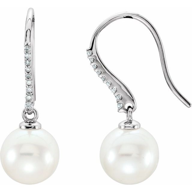 Cultured White Freshwater Pearl & 1/8 CTW Natural Diamond Earrings