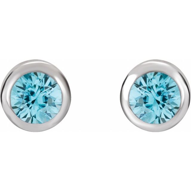 Round Natural Blue Zircon Bezel-Set Earrings