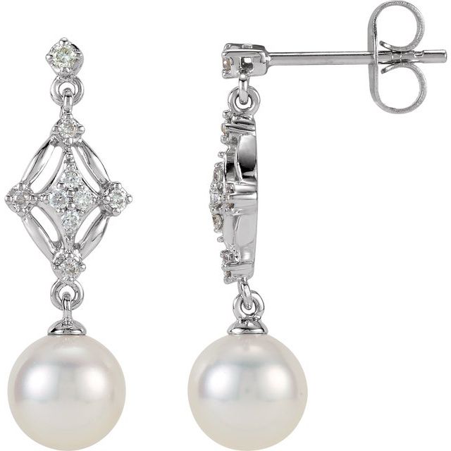 Cultured White Freshwater Pearl & 1/6 CTW Natural Diamond Earrings