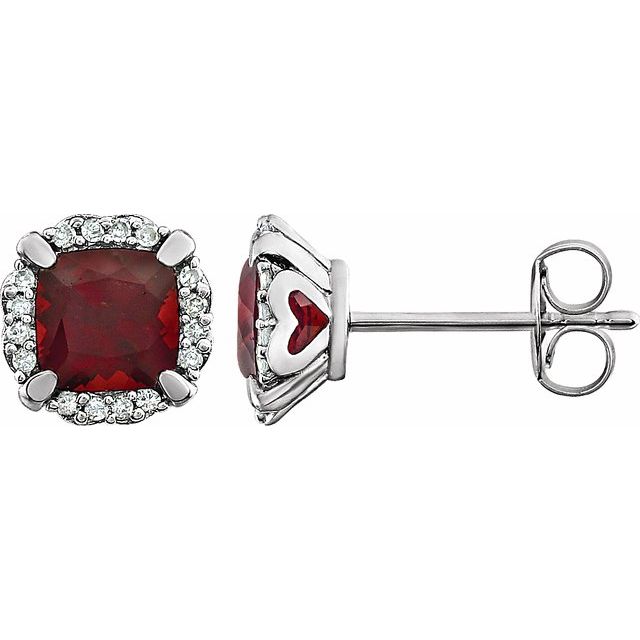 Cushion Natural Mozambique Garnet & 1/10 CTW Natural Diamond Earrings