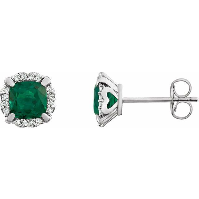 Cushion Lab-Grown Emerald & 1/10 CTW Natural Diamond Earrings