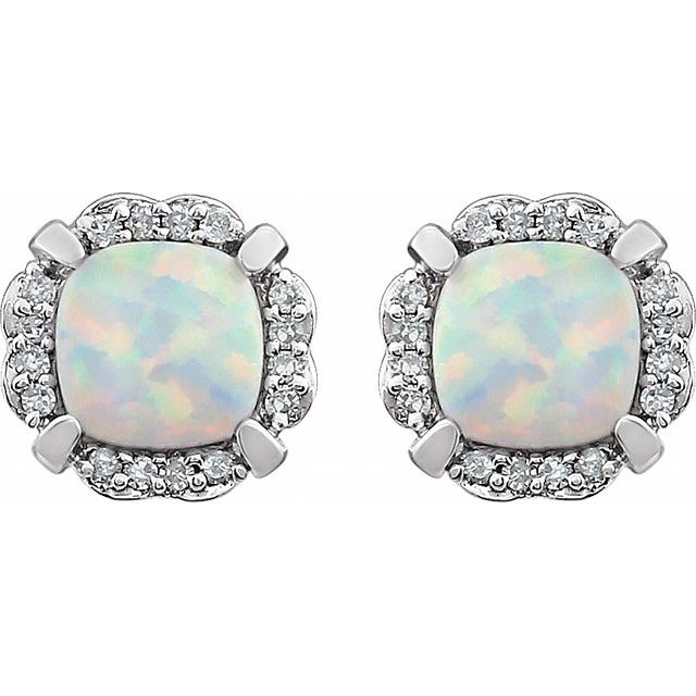 Cushion Lab-Grown Opal & 1/10 CTW Natural Diamond Earrings