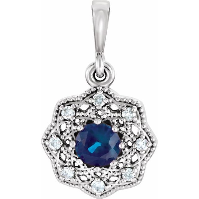 Round Natural Blue Sapphire & .06 CTW Natural Diamond Halo-Style Pendant