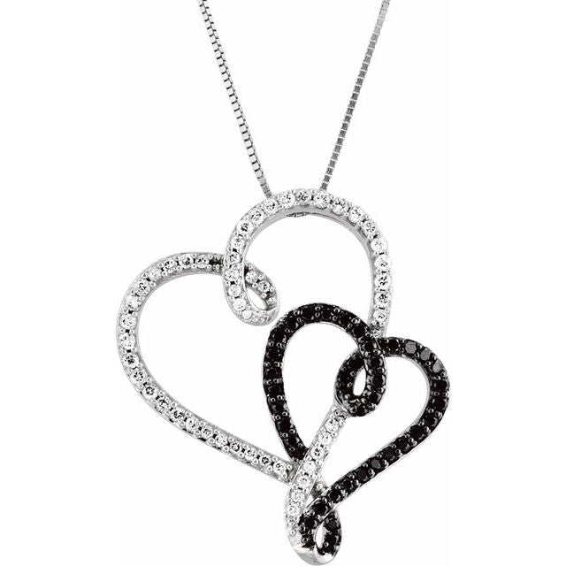 Black Rhodium Plated 1/2 CTW Black & White Natural Diamond Double Heart Necklace
