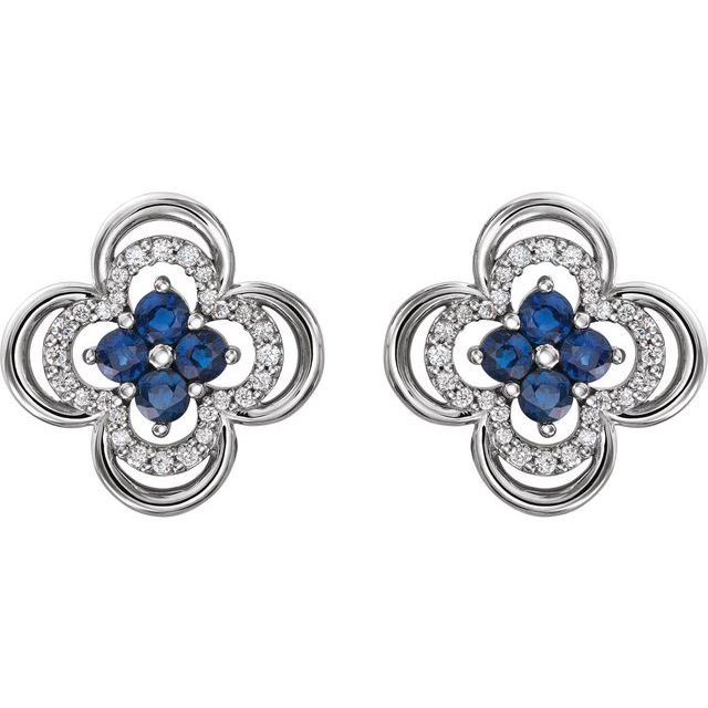 Round Natural Blue Sapphire & 1/5 CTW Natural Diamond Clover Earrings