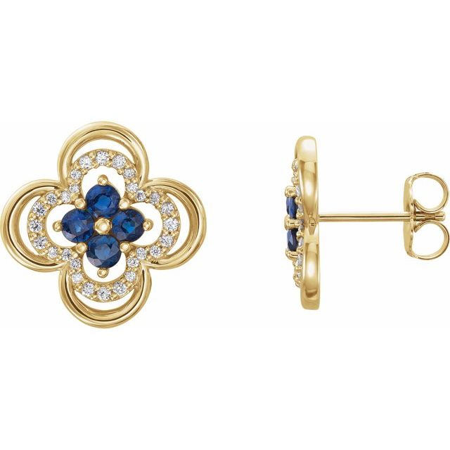 Round Natural Blue Sapphire & 1/5 CTW Natural Diamond Clover Earrings