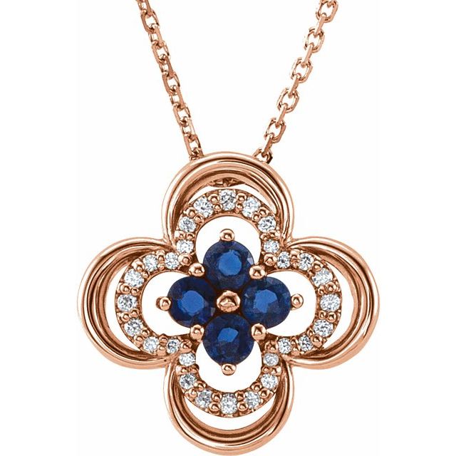 Round Natural Blue Sapphire & 1/10 CTW Natural Diamond Clover Necklace