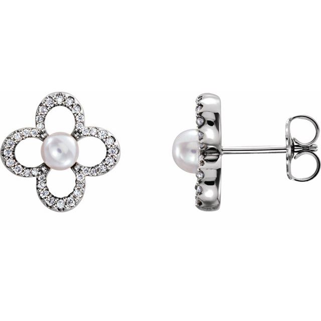Cultured White Freshwater Pearl & 1/4 CTW Natural Diamond Earrings