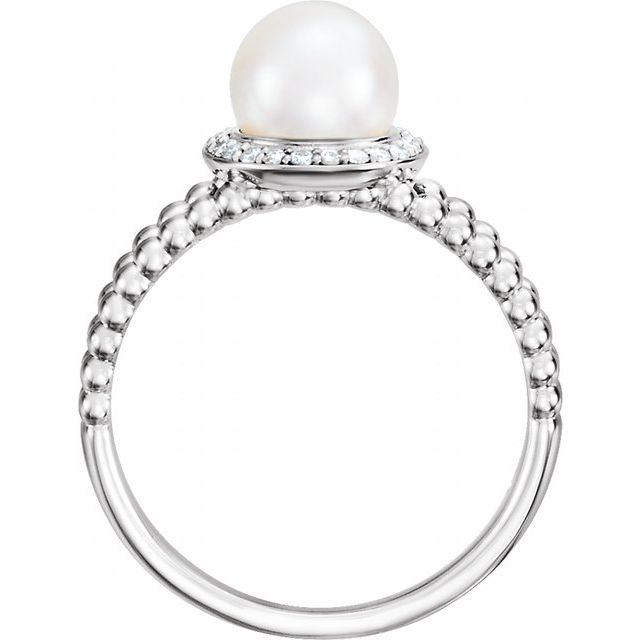 Cultured White Freshwater Pearl & .08 CTW Natural Diamond Halo-Style Beaded Ring