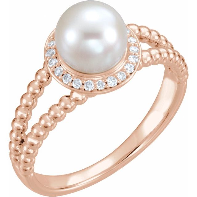 Cultured White Freshwater Pearl & .08 CTW Natural Diamond Halo-Style Beaded Ring