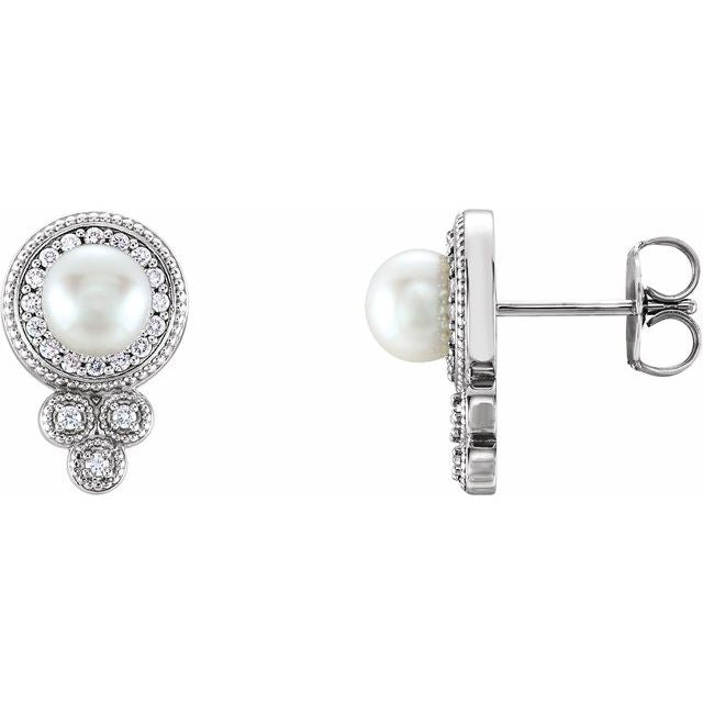 Cultured White Freshwater Pearl & 1/5 CTW Natural Diamond Earrings