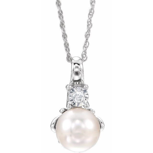 Oval Cultured White Freshwater Pearl & .02 CT Natural Diamond Necklace