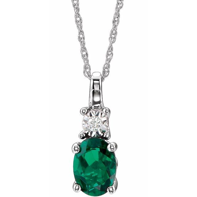 Oval Lab-Grown Emerald & .02 CT Natural Diamond Necklace