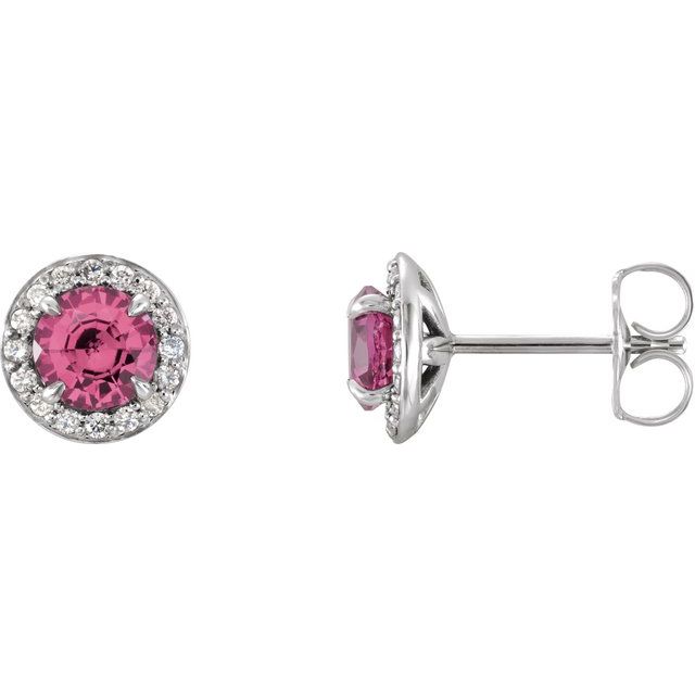Round 4.5mm Natural Pink Tourmaline & 1/6 CTW Natural Diamond Earrings