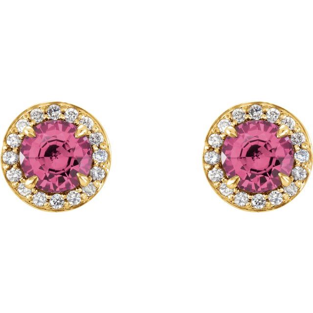 Round 4.5mm Natural Pink Tourmaline & 1/6 CTW Natural Diamond Earrings