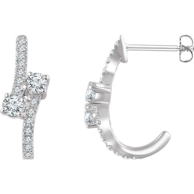 Round 5/8 CTW Natural Diamond Two-Stone J-Hoop Earrings