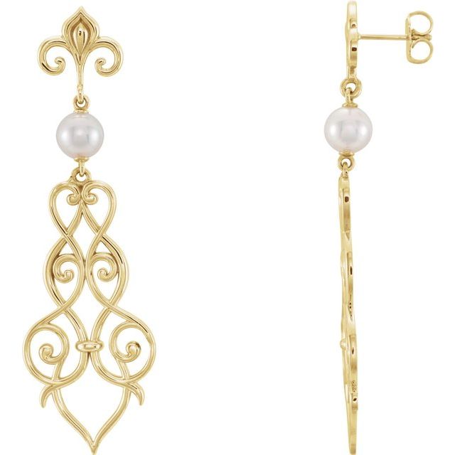 Cultured White Akoya Pearl Fleur-De-Lis Scroll Earrings