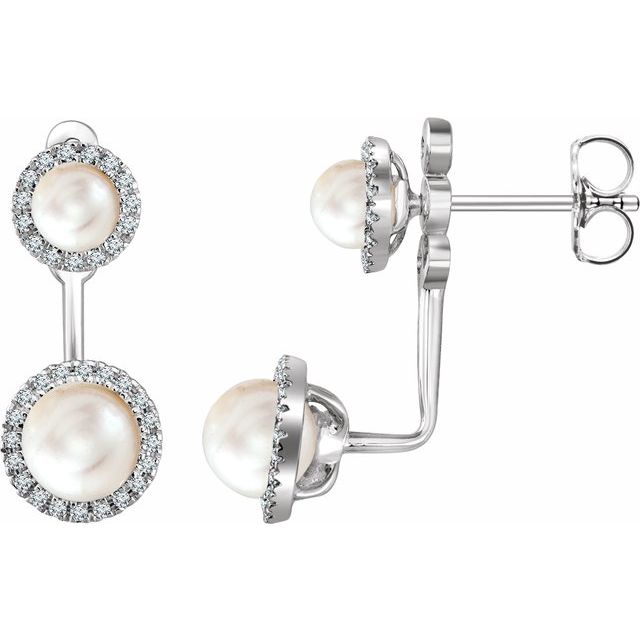 Cultured White Freshwater Pearl & 1/5 CTW Natural Diamond Halo-Style Earrings