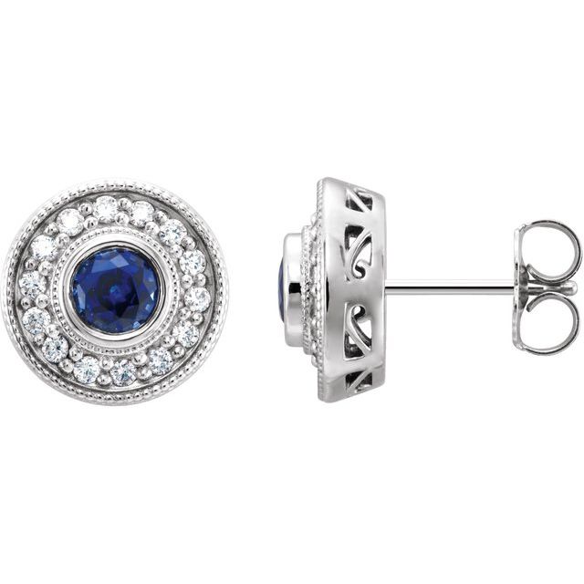 Round Lab-Grown Blue Sapphire & 3/8 CTW Natural Diamond Halo-Style Earrings