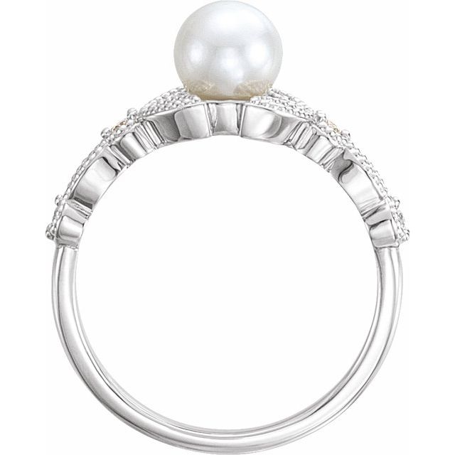 Cultured White Freshwater Pearl & 1/10 CTW Natural Diamond Leaf Ring