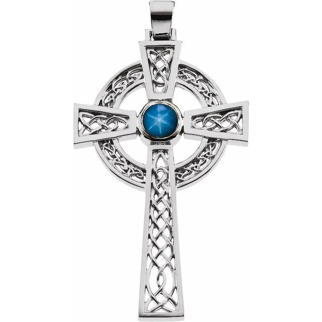 Round Natural Blue Star Sapphire Cross Pendant