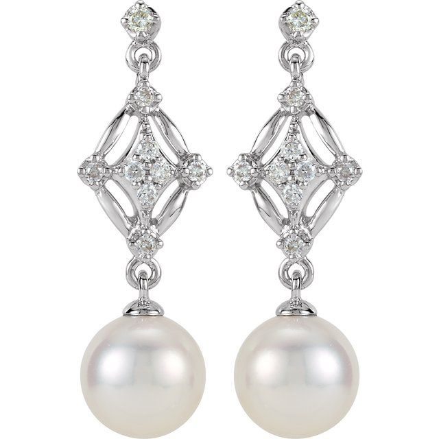 Cultured White Freshwater Pearl & 1/6 CTW Natural Diamond Earrings