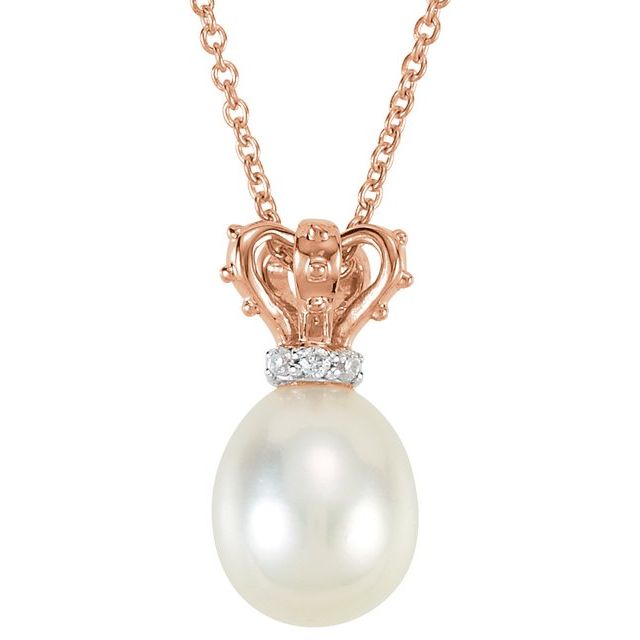 14K Rose/White Cultured White Freshwater Pearl & .015 CTW Natural Diamond Crown Necklace