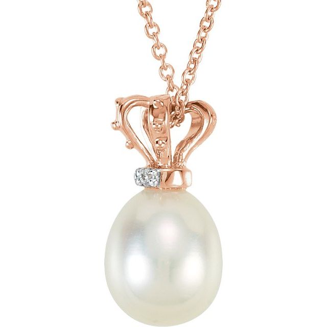 14K Rose/White Cultured White Freshwater Pearl & .015 CTW Natural Diamond Crown Necklace