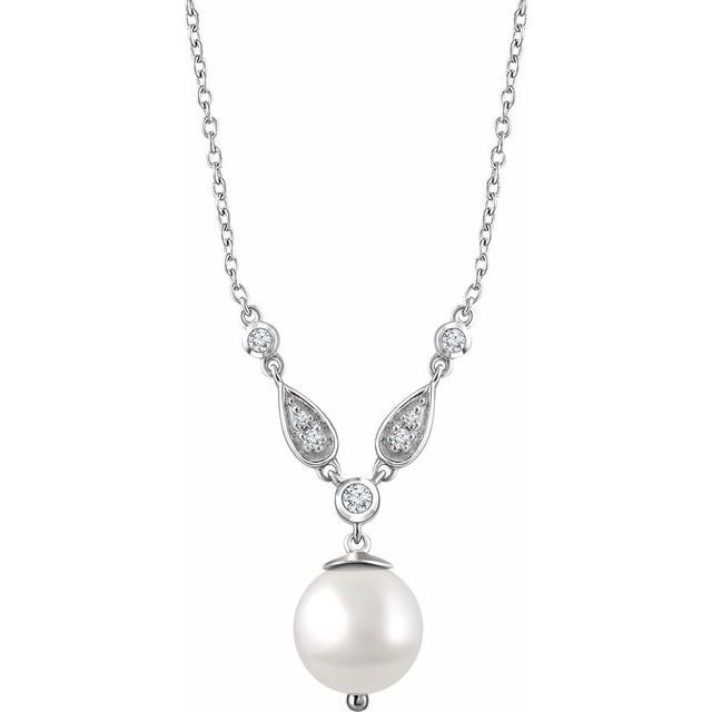 Cultured White Freshwater Pearl & 1/6 CTW Natural Diamond Necklace